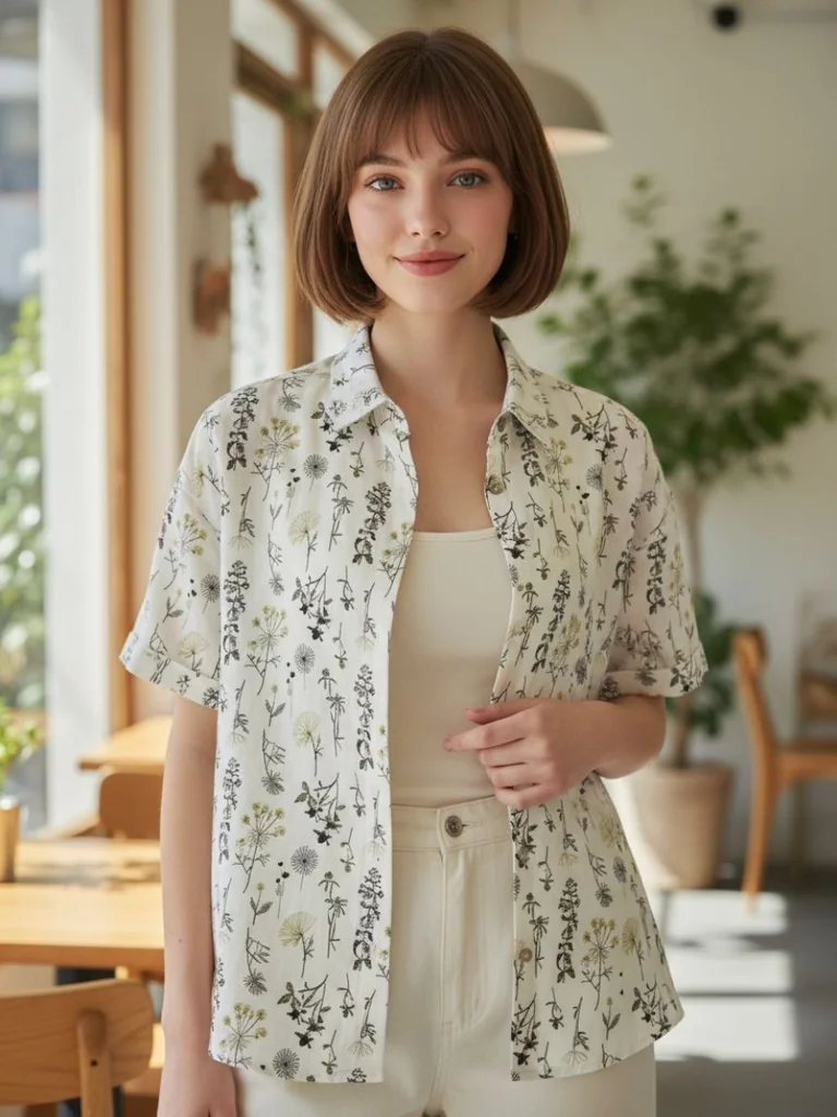 Fern Whisper เสื้อเชิ้ตแขนสั้นสีขาว พิมพ์ลายดอกไม้เล็ก ผ้าใส่สบาย ชิลล์คาแฟ่พักผ่อนสุดสัปดาห์ Fern Whisper เสื้อเชิ้ตแขนสั้นสีขาว พิมพ์ลายดอกไม้เล็ก ผ้าใส่สบาย ชิลล์คาแฟ่พักผ่อนสุดสัปดาห์