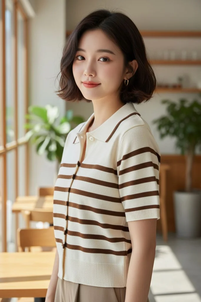 เสื้อยืดแฟชั่นคอปก สีครีมลายทางสีน้ำตาล ใส่สบายทุกวัน เสื้อยืดแฟชั่นคอปก สีครีมลายทางสีน้ำตาล ใส่สบายทุกวัน