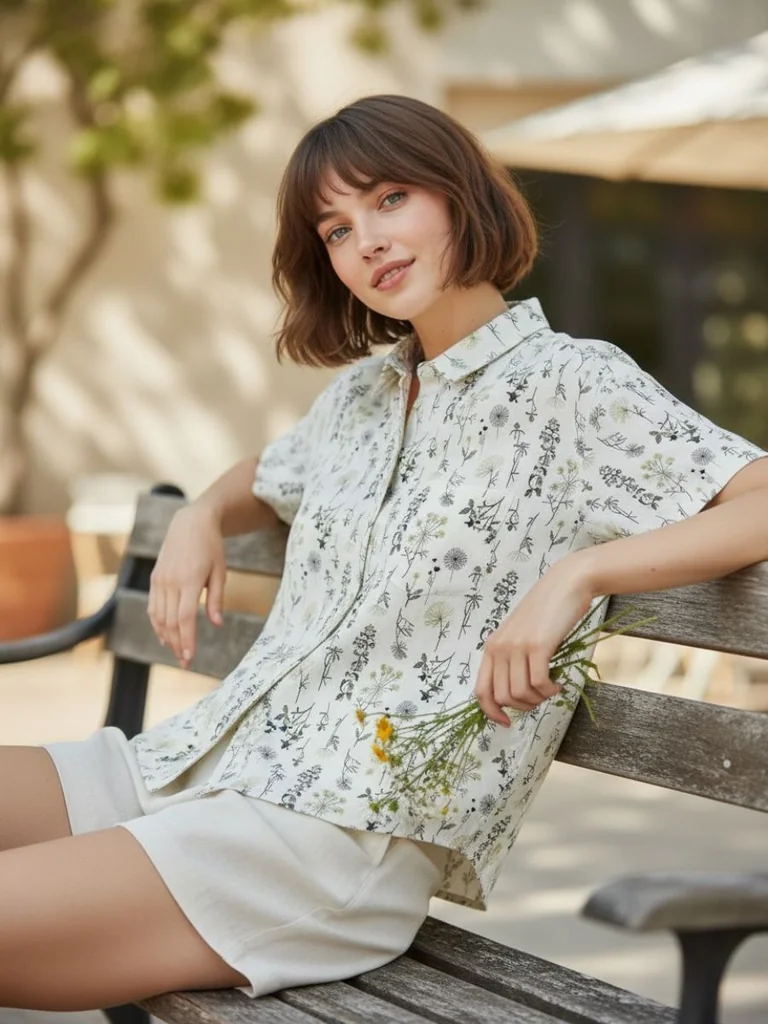 Fern Whisper เสื้อเชิ้ตแขนสั้นสีขาว พิมพ์ลายดอกไม้เล็ก ผ้าใส่สบาย ชิลล์คาแฟ่พักผ่อนสุดสัปดาห์ Fern Whisper เสื้อเชิ้ตแขนสั้นสีขาว พิมพ์ลายดอกไม้เล็ก ผ้าใส่สบาย ชิลล์คาแฟ่พักผ่อนสุดสัปดาห์