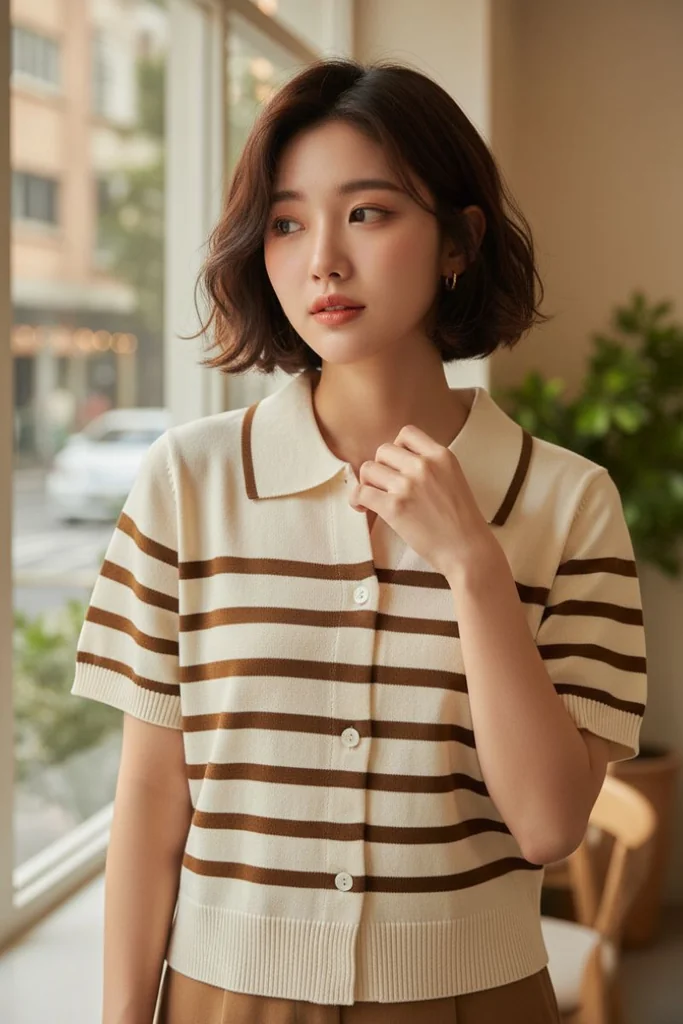 เสื้อยืดแฟชั่นคอปก สีครีมลายทางสีน้ำตาล ใส่สบายทุกวัน เสื้อยืดแฟชั่นคอปก สีครีมลายทางสีน้ำตาล ใส่สบายทุกวัน