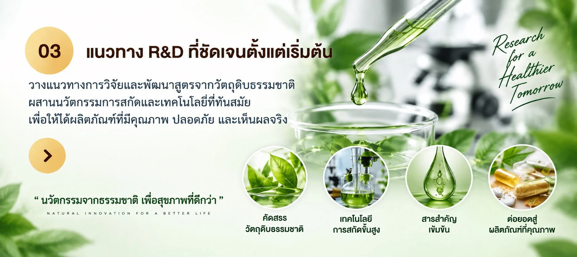 แนวทาง R&D ที่ชัดเจนตั้งแต่เริ่มต้น — วิจัยและพัฒนาสูตรจากวัตถุดิบธรรมชาติ