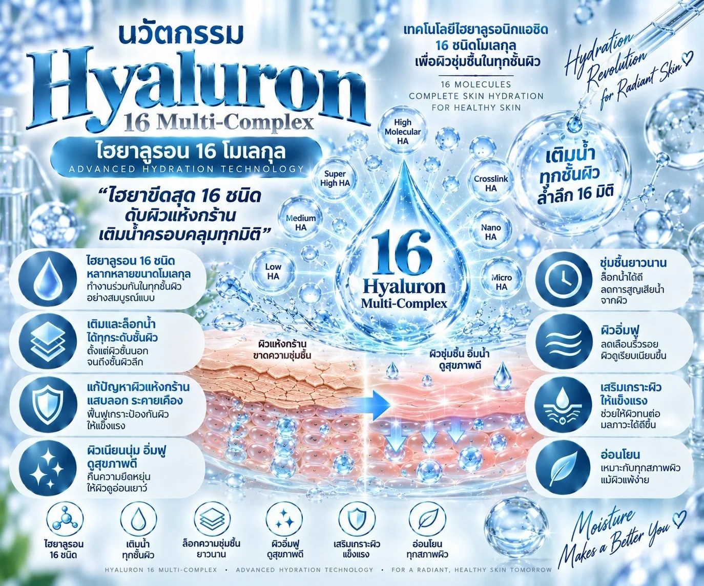 นวัตกรรม Hyaluron 16 Multi-Complex ไฮยาลูรอน 16 โมเลกุล เติมน้ำครอบคลุมทุกมิติ