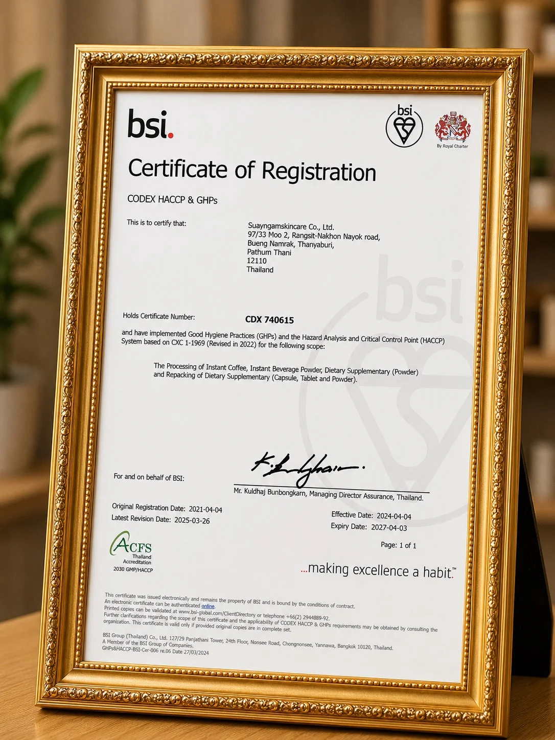 BSI Certificate of Registration — CODEX HACCP และ GHPs