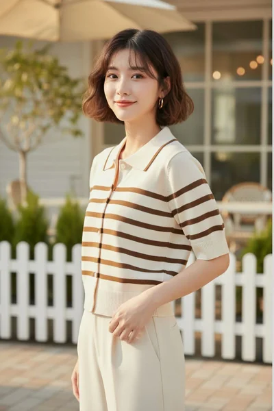 เสื้อยืดแฟชั่นคอปก สีครีมลายทางสีน้ำตาล ใส่สบายทุกวัน image 2 เสื้อยืดแฟชั่นคอปก สีครีมลายทางสีน้ำตาล ใส่สบายทุกวัน image 2