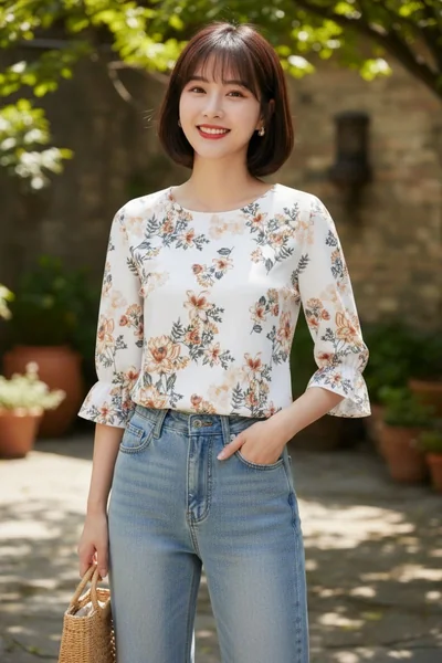 "Petal Affair" เสื้อเบลาส์ผู้หญิงสีขาว แขนบานลายดอกไม้ image 2