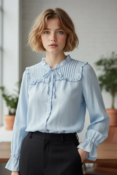 เสื้อเบลาส์ผู้หญิง สีฟ้า แต่งระบายหวาน รหัส BL1002 image 1 เสื้อเบลาส์ผู้หญิง สีฟ้า แต่งระบายหวาน รหัส BL1002 image 1