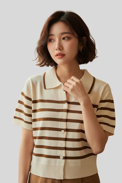 เสื้อยืดแฟชั่นคอปก สีครีมลายทางสีน้ำตาล ใส่สบายทุกวัน image 1 เสื้อยืดแฟชั่นคอปก สีครีมลายทางสีน้ำตาล ใส่สบายทุกวัน image 1