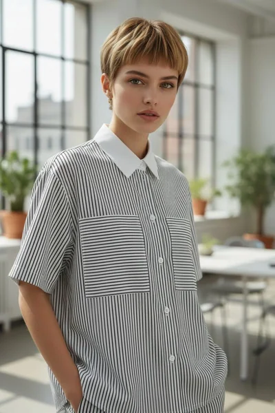 Monochrome Grid เสื้อเชิ้ตผู้หญิง แขนสั้น ลายทางขาวดำ โดดเด่นและมีเอกลักษณ์ image 2 Monochrome Grid เสื้อเชิ้ตผู้หญิง แขนสั้น ลายทางขาวดำ โดดเด่นและมีเอกลักษณ์ image 2