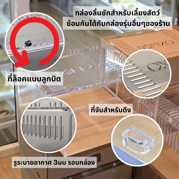 Acrylic Box กล่องอะคริลิคใส *ลิ้นชัก* 30×20×15cm ใส่งู ตุ๊กแก รูระบายเล็ก 3mm มีขาวางซ้อน image 2 Acrylic Box กล่องอะคริลิคใส *ลิ้นชัก* 30×20×15cm ใส่งู ตุ๊กแก รูระบายเล็ก 3mm มีขาวางซ้อน image 2