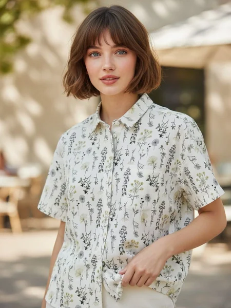 Fern Whisper เสื้อเชิ้ตแขนสั้นสีขาว พิมพ์ลายดอกไม้เล็ก ผ้าใส่สบาย ชิลล์คาแฟ่พักผ่อนสุดสัปดาห์ image 1 Fern Whisper เสื้อเชิ้ตแขนสั้นสีขาว พิมพ์ลายดอกไม้เล็ก ผ้าใส่สบาย ชิลล์คาแฟ่พักผ่อนสุดสัปดาห์ image 1