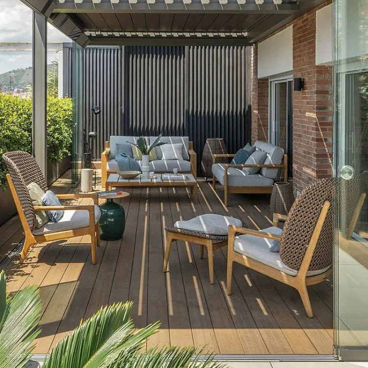 Luxury Garden outdoor furniture Teak Wood Wicker Sofa Set Hotel Low Back Two Seat Sofa