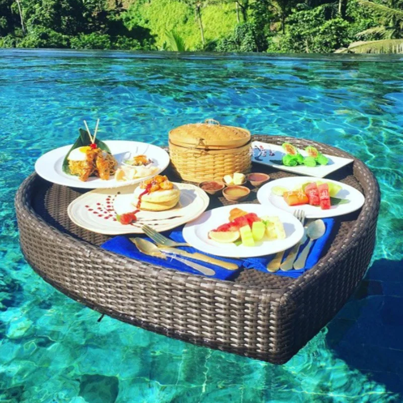 Heart Round Restaurant Hotel Custom Brunch Breakfast Food Drinks Serving Trays Swimming Pool Rattan Tray Floating Tray For Pool