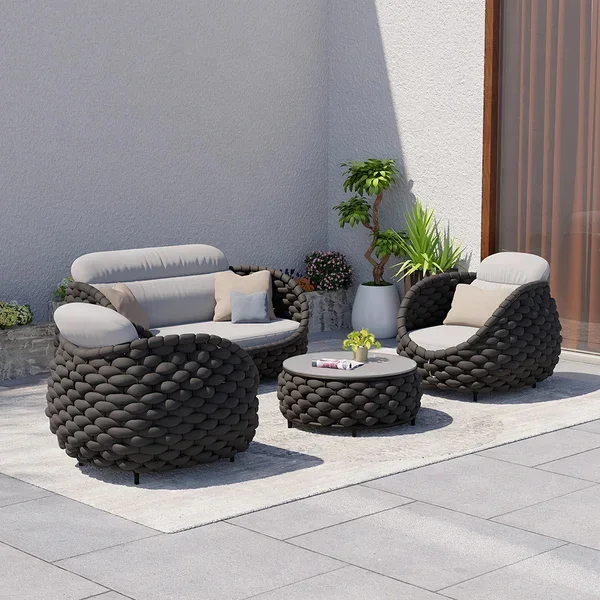 Factory modern outdoor hotel patio balcony furniture sofa curve rope patio furniture sofa chair with cushions rattan garden sofa