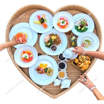 Heart Round Restaurant Hotel Custom Brunch Breakfast Food Drinks Serving Trays Swimming Pool Rattan Tray Floating Tray For Pool